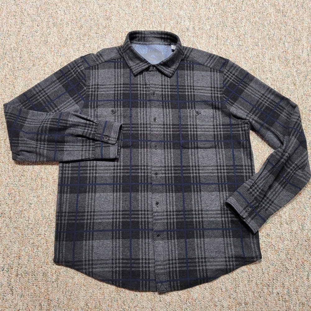 Tommy Bahama Flannel Shirt Mens Large Gray Blue Plaid Long Sleeve Button Down